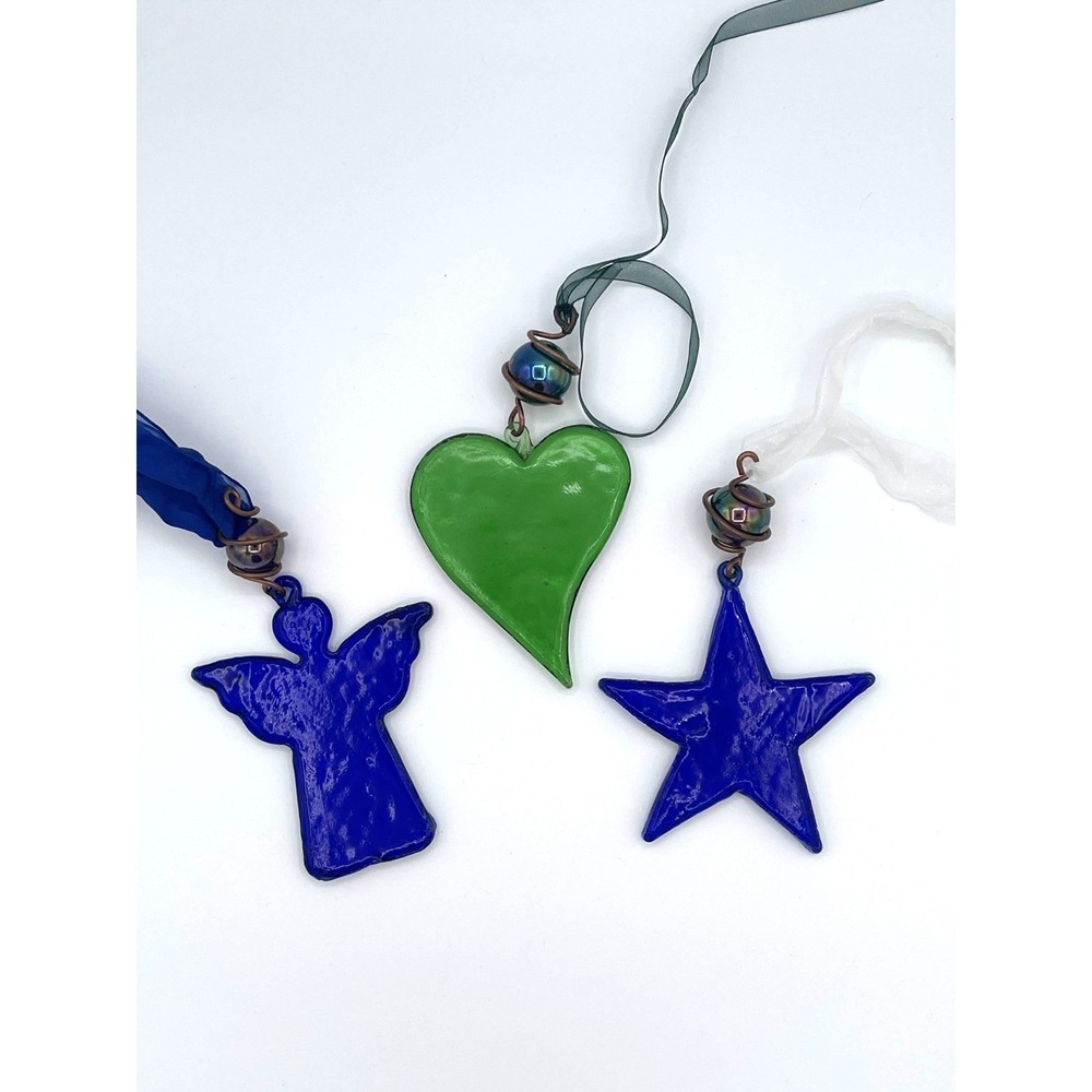Lot of 3 VTG Cobalt Glass Ornaments Angel Star Heart Handmade Blue Green